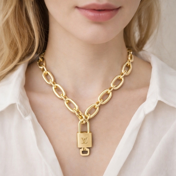 Authentic Louis Vuitton Lock and Key Gold Color with Gold Plated Chain Necklace